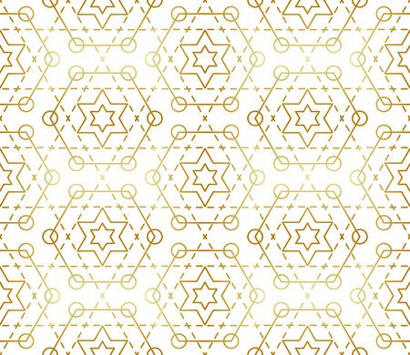 Gradient gold white seamless sacred geometry pattern. Golden sacral geometric pattern for fabric prints, surface textures, cloth design, wrapping. EPS10 vector backdrop.のイラスト素材