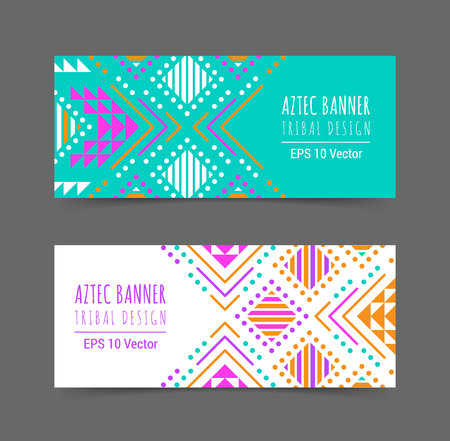 Bright colorful horizontal banner design template set with tribal aztec style ornament. Ethnic background collection. EPS 10 vector website header concept illustration. Clipping mask.のイラスト素材