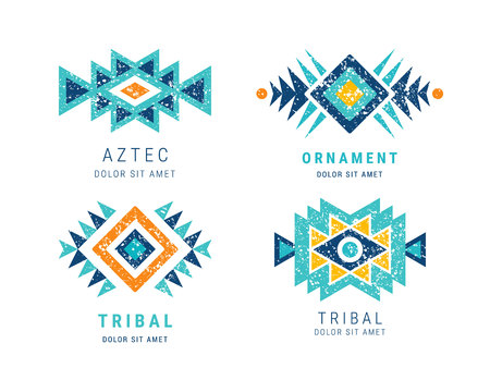 Colorful Aztec style ornamental geometric logo set. Indian ornate design. Tribal decorative templates. Ethnic ornamentation. Grungy shabby chic hipster texture. EPS 10 vector illustration.のイラスト素材