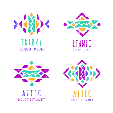 Colorful Aztec style ornamental geometric logo set. Indian ornate design. Tribal decorative templates. Violet orange colors ethnic ornamentation. Grungy shabby chic hipster texture. EPS 10 vectorのイラスト素材