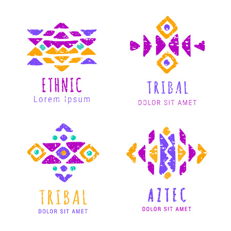 Colorful Aztec style ornamental geometric logo set. Indian ornate design. Tribal decorative templates. Violet orange colors ethnic ornamentation. Grungy shabby chic hipster texture. EPS 10 vectorのイラスト素材