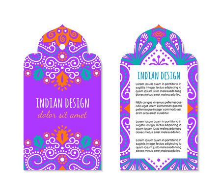 Indian badge set with bright mehendi mandala ornament. Ethnic arabian ornamental label. Oriental tag design concept. Asian brochure template. Eastern style. EPS 10 vector.のイラスト素材
