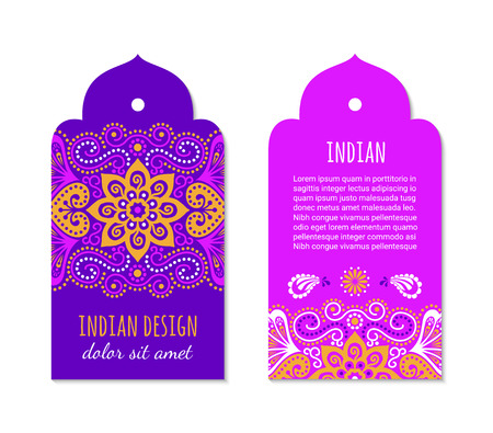 Indian badge set with bright mehendi mandala ornament. Ethnic arabian ornamental label. Oriental tag design concept. Asian brochure template. Eastern style. EPS 10 vector.のイラスト素材