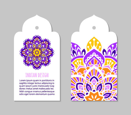 Indian badge set with bright mehendi mandala ornament. Ethnic arabian ornamental label. Oriental tag design concept. Asian brochure template. Eastern style. EPS 10 vector.のイラスト素材