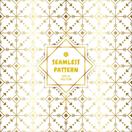 Gradient gold white seamless aztec pattern. Golden arrow geometric occult cosmic line art signs for fabric prints, surface textures, cloth design, wrapping paper. EPS10 vector backdrop.のイラスト素材