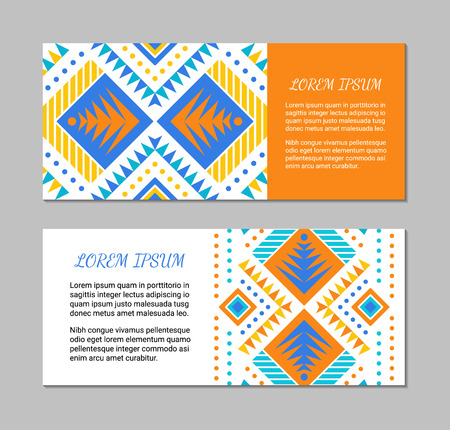Aztec style horizontal colorful card set. American indian pattern design. Ornamental collection with ethnic motifs. Tribal decorative flyer template. EPS 10 vector concept.のイラスト素材