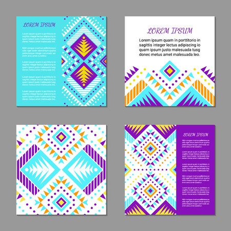 Aztec style colorful square card set. American indian pattern design. Ornamental collection with ethnic motifs. Tribal decorative flyer template. EPS 10 vector concept.のイラスト素材