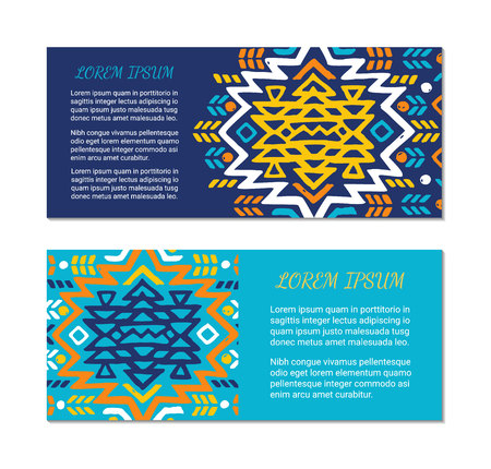 Aztec style horizontal colorful card set. American indian pattern design. Ornamental collection with ethnic motifs. Tribal decorative flyer template. EPS 10 vector concept.のイラスト素材