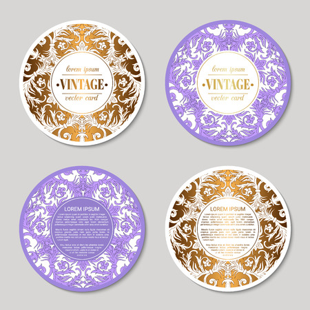 French baroque elegant ornate round visiting cards. Luxurious fashionable ornamental flyer design. Vintage fancy ornament decoration. Pathetic retro embellishment. Circle vector brochure templateのイラスト素材