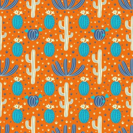 Succulent ornamental blue orange seamless pattern. Endless vegetal background. EPS 10 vector illustration.のイラスト素材