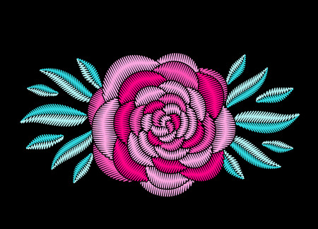 Embroidered floristic summer decorative composition. Needlework illustration. Pink peony flower motive. EPS 10 vector embroidery pion fashion template.のイラスト素材