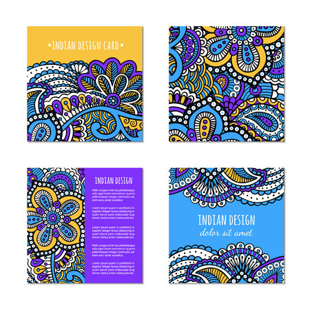 Indian style bright colorful mehendi ornament square cards. Front and back pages. Ornamental blank with ethnic motifs. Paper brochure template. Oriental concept. EPS 10 vector flyer.のイラスト素材