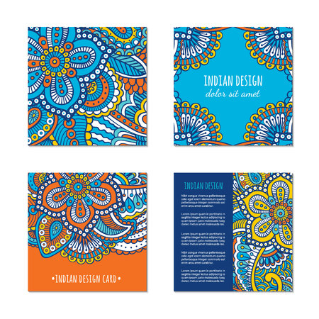 Indian style bright colorful mehendi ornament square cards. Front and back pages. Ornamental blank with ethnic motifs. Paper brochure template. Oriental concept. EPS 10 vector flyer.のイラスト素材