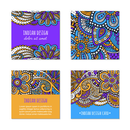 Indian style bright colorful mehendi ornament square cards. Front and back pages. Ornamental blank with ethnic motifs. Paper brochure template. Oriental concept. EPS 10 vector flyer.のイラスト素材