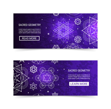 Sacred geometry ornament luminous shiny galaxy star modern futuristic banner set. Cosmic design violet neon luminescent glow ornamental background template. EPS 10 vector backdrop. Clipping masksのイラスト素材