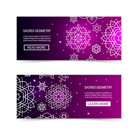Sacred geometry ornament luminous shiny galaxy star modern futuristic banner set. Cosmic design purple luminescent glow ornamental background template. EPS 10 vector backdrop. Clipping masksのイラスト素材