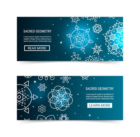 Sacred geometry ornament luminous shiny galaxy star modern futuristic banner set. Cosmic design blue luminescent glow ornamental background template. EPS 10 vector backdrop. Clipping masksのイラスト素材
