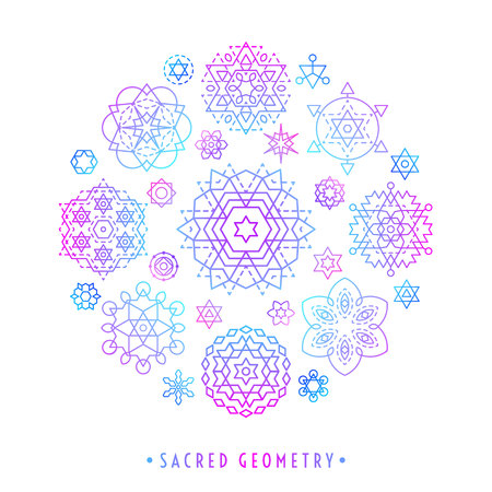 Sacred geometry style symbol set. Round composition of colorful gradient sacral geometric outline signs on the white background. Line art elements. EPS 10 linear design vector illustration.のイラスト素材