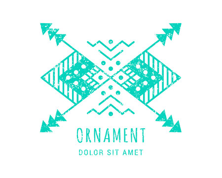 Colorful Aztec style green ornamental geometric arrow ornament. Indian ornate design. Tribal decorative template. Ethnic ornamentation. Grungy shabby chic hipster texture. EPS 10 vector illustration.のイラスト素材