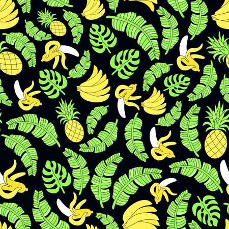 Seamless pattern with bright tropical fruits and plant ornament. Pop art patches colourful background for fabric print, wrapping paper, textile design. EPS 10 vector ecology style floral illustrationのイラスト素材