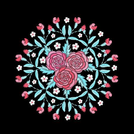 Round embroidered decorative composition. Needlework illustration. Bunch of peony flowers summer motive. Vintage bouquet embroidery bloom fashion design template. EPS 10のイラスト素材