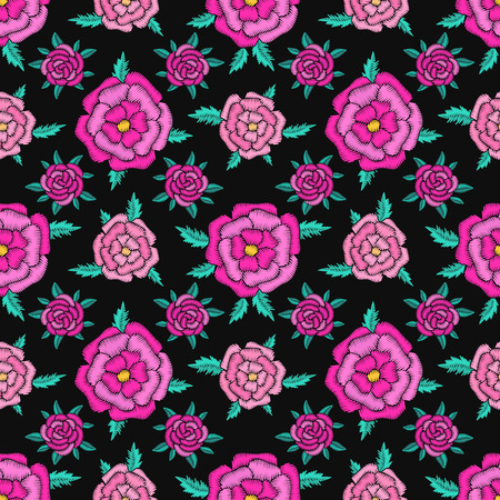 Embroidered seamless anemone and peony flower pattern design. Needlework floral composition. Bright colorful summer floristic motives. EPS 10 vector embroidery fashion background.のイラスト素材