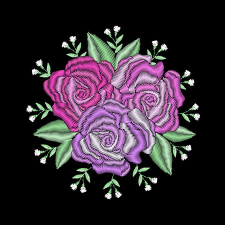 Round embroidered decorative composition. Needlework illustration. Bunch of rose flowers summer motive. EPS 10 vector vintage bloom design embroidery fashion template.のイラスト素材