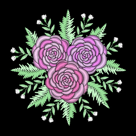 Round embroidered decorative composition. Needlework illustration. Bunch of peony flowers summer motive. Vintage bouquet embroidery bloom fashion design template. EPS 10のイラスト素材