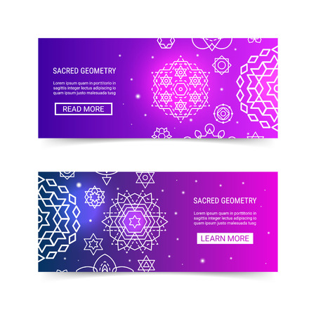 Sacred geometry ornament luminous shiny galaxy star modern futuristic banner set. Cosmic design violet neon luminescent glow ornamental background template. EPS 10 vector backdrop. Clipping masksのイラスト素材