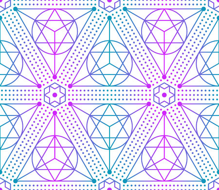 Gradient colorful seamless sacred geometry pattern. Golden sacral geometric occult cosmic line art signs for fabric prints, surface textures, cloth design, wrapping. EPS10 vector backdrop.のイラスト素材