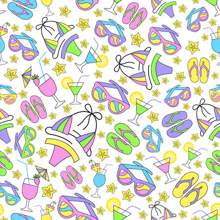 Seamless bright tropical fruity cocktail, cloth, glasses, accessory trendy pattern. Pop art style patch colourful fabric print, wrapping paper, textile design background. EPS 10 vector illustrationのイラスト素材