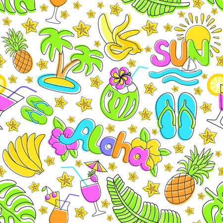 Seamless vector pattern with bright tropical fruit, cocktail, lettering words sun, aloha. Pop art style patch colorful background for fabric print, wrapping paper, textile design. EPS 10 illustrationのイラスト素材