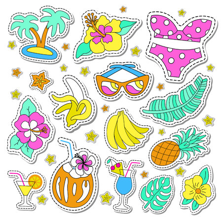 Hawaiian retro patch set. Fashionable pins 80s-90s style. Colorful drawings of fruits, drinks, beach wear, leaves, exotic flowers. EPS 10 vector illustration.