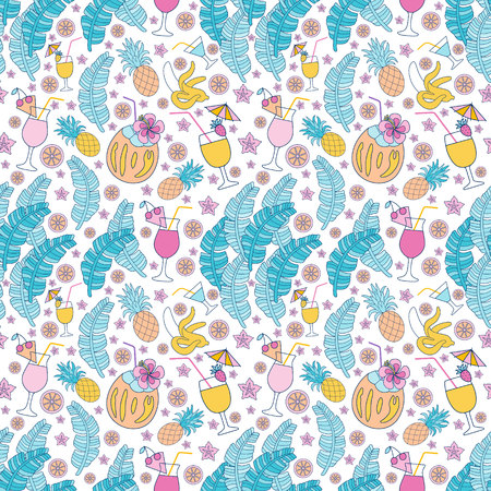 Seamless pattern with bright tropical fruits and cocktails. Pop art style patches colorful background for fabric print, wrapping paper, textile design. EPS 10 vector illustration.のイラスト素材