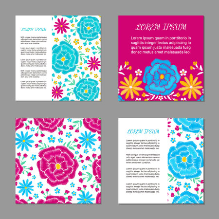 Embroidery style flyer with bright colorful flower and leaf pattern. Ethnic ornamental blanks. Rustic design ornament brochures. EPS 10 vector. Clipping masksのイラスト素材