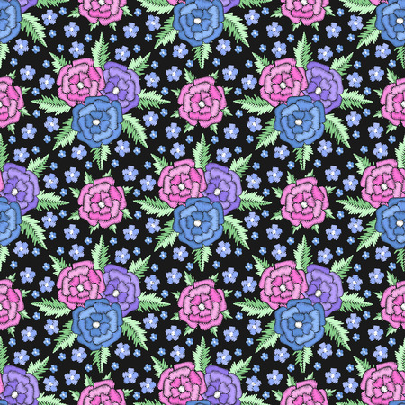 Embroidered style seamless pattern design. Needlework floral composition. Bright colorful summer flower bouquet motives. EPS 10 vector embroidery fashion background.のイラスト素材