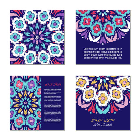 Embroidery style colorful mandala square card set. Front and back pages. Bright floral ornamental vintage blanks. EPS 10 ethnic design vector backgrounds. Clipping masks.のイラスト素材