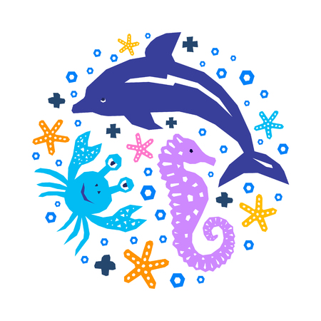 World of the sea paper cutout marine style kids design element set. Funny cartoon doodle dolphin, crab, seahorse, starfish background. EPS 10 vector illustrationのイラスト素材