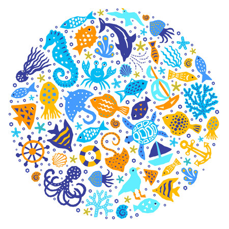 World of the sea paper cutout marine style kids design element set. Funny cartoon doodle background of fish, octopus, gull, shell, calmar, starfish, jellyfish, guitarfish. EPS 10 vector illustrationのイラスト素材