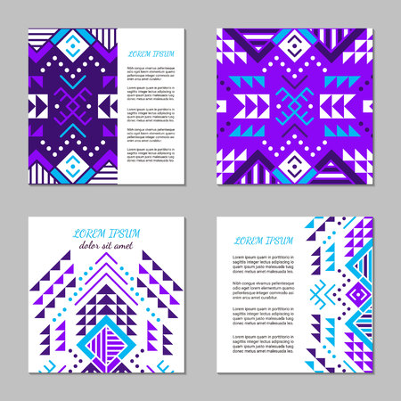 Aztec style colorful square card set. American indian pattern design. Ornamental collection with ethnic motifs. Tribal decorative flyer template. EPS 10 vector concept.のイラスト素材