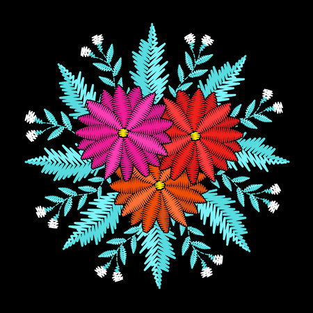 Round embroidered decorative composition. Needlework illustration. Daisy flower motive. EPS 10 vector embroidery fashion design template.のイラスト素材