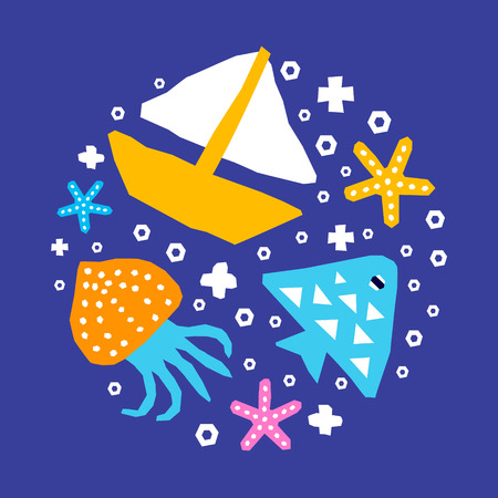 World of the sea paper cutout marine style kids design element set. Funny cartoon doodle fish, boat, jellyfish, starfish background. EPS 10 vector illustrationのイラスト素材