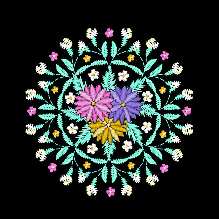 Round embroidered decorative composition. Needlework illustration. Daisy flower motive. EPS 10 vector embroidery fashion design template.のイラスト素材