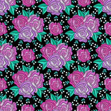 Embroidered style rose bouquet seamless pattern design. Needlework floral composition. Bright colorful summer flower bouquet motives. EPS 10 vector embroidery fashion backgroundのイラスト素材