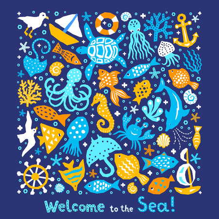 Paper cutout marine style kids design element set. Welcome to the Sea lettering phrase. Funny cartoon doodle fish, octopus, gull, shell, calmar, starfish, jellyfish, guitarfish vector illustration     のイラスト素材