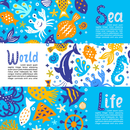 Cutout marine style kids design element paper flyers. Lettering titles Sea, World, Life. Vector funny cartoon doodle background of fish, shell, calmar, starfish, jellyfish, crab, dolphinのイラスト素材