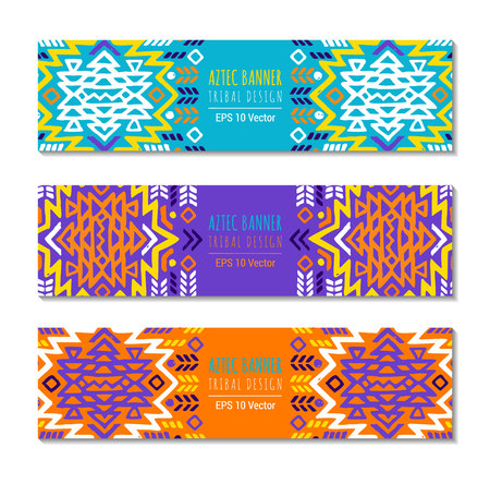 Bright colorful horizontal banner design template set with tribal aztec style ornament. Ethnic background collection. EPS 10 vector website header concept illustration. Clipping mask.のイラスト素材