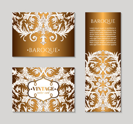 French baroque style elegant ornate visiting cards. Luxurious fashionable ornamental flyer design. Vintage fancy ornament decoration. Pathetic gold retro embellishment. EPS 10 vector brochure templateのイラスト素材