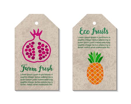 Colorful tags with pomegranate, pineapple. Farm fresh, eco fruits lettering text inscription. Healthy food, weight loss, low calorie, bio, organic, natural graphic concept.のイラスト素材