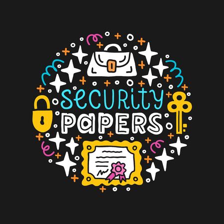 Security paper investing. Capital expenditure finance business commercial economics concept. Investment handdrawn flat doodle vector illustration. のイラスト素材